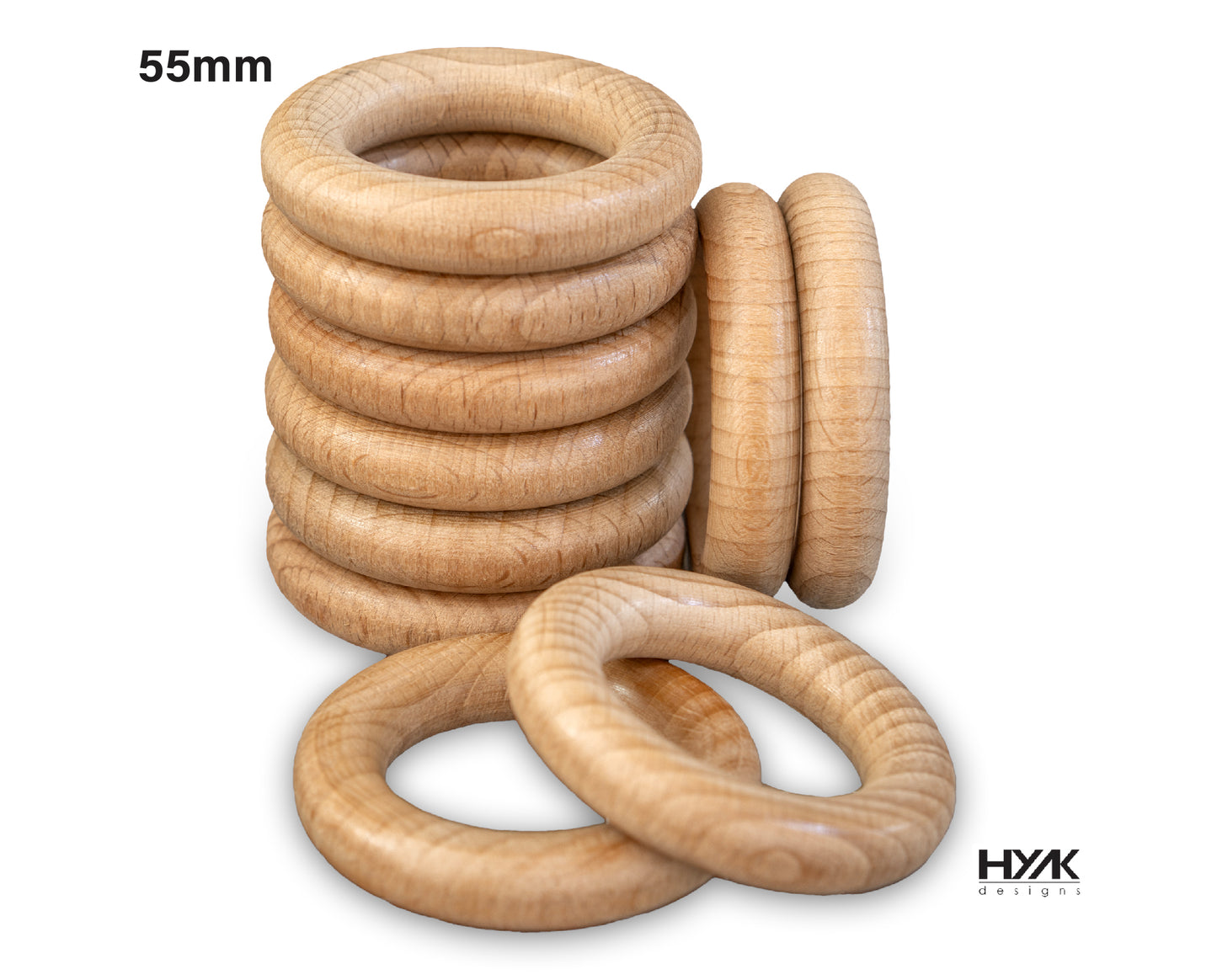 Unfinished wooden rings, 55mm, perfect for teething toys and craft projects.