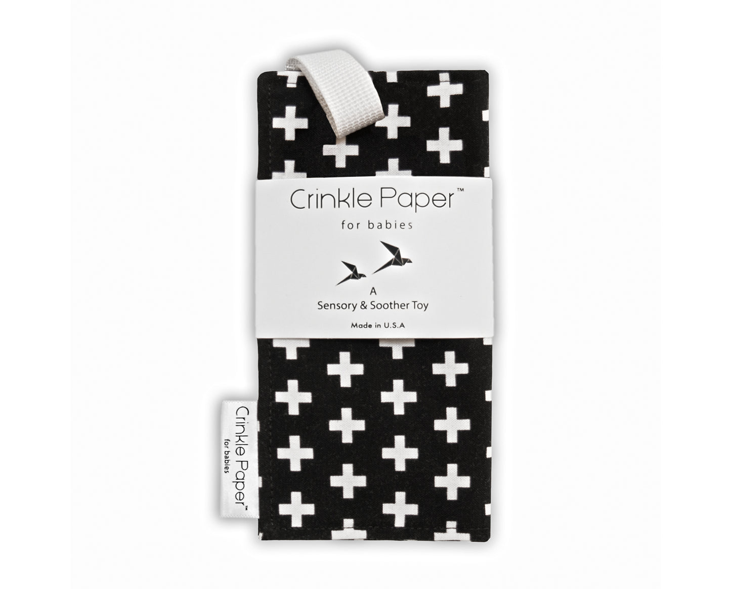 Fabric sensory toy, Crinkle Paper, with crinkle material sewn inside and strap for babies.