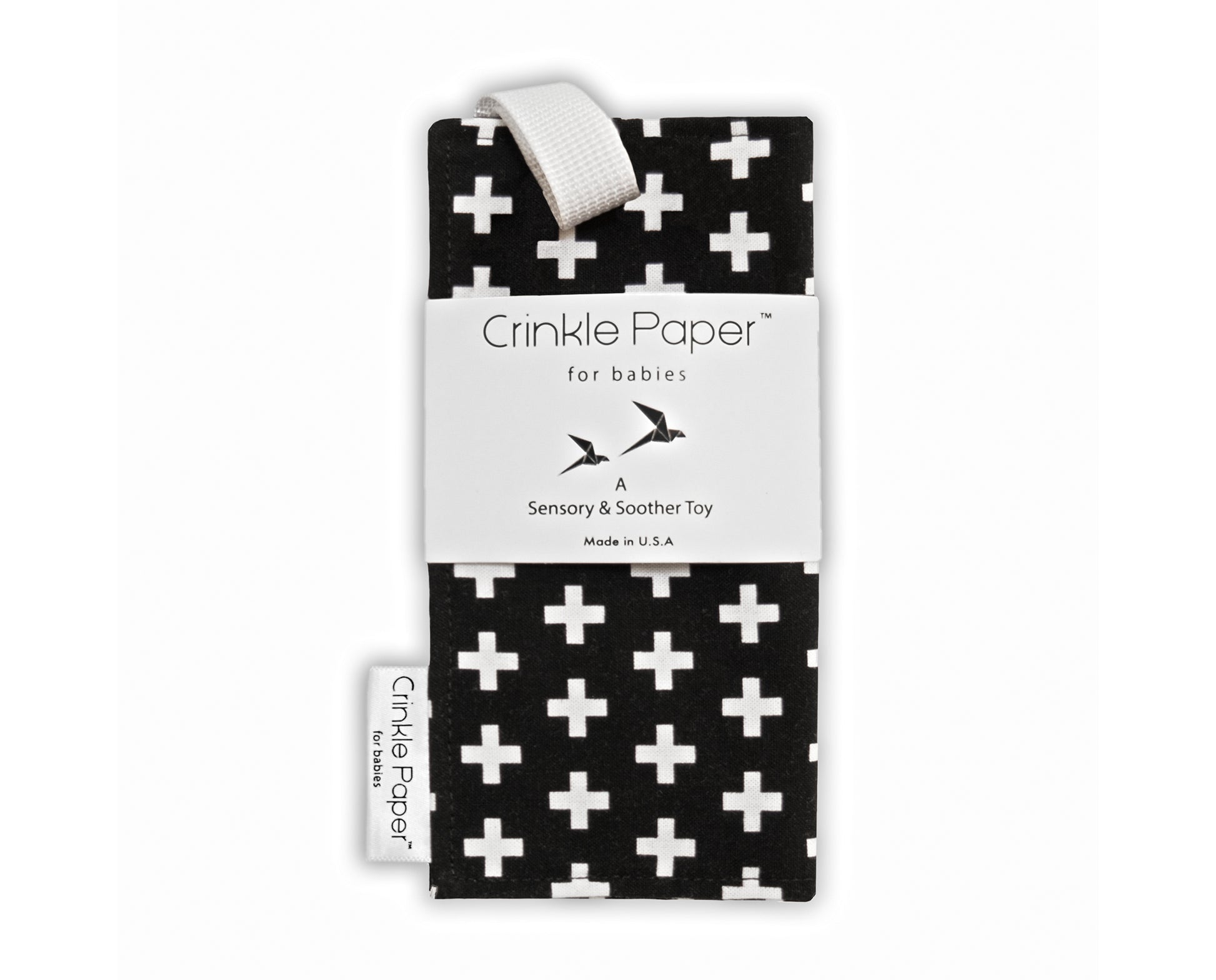 Fabric sensory toy, Crinkle Paper, with crinkle material sewn inside and strap for babies.