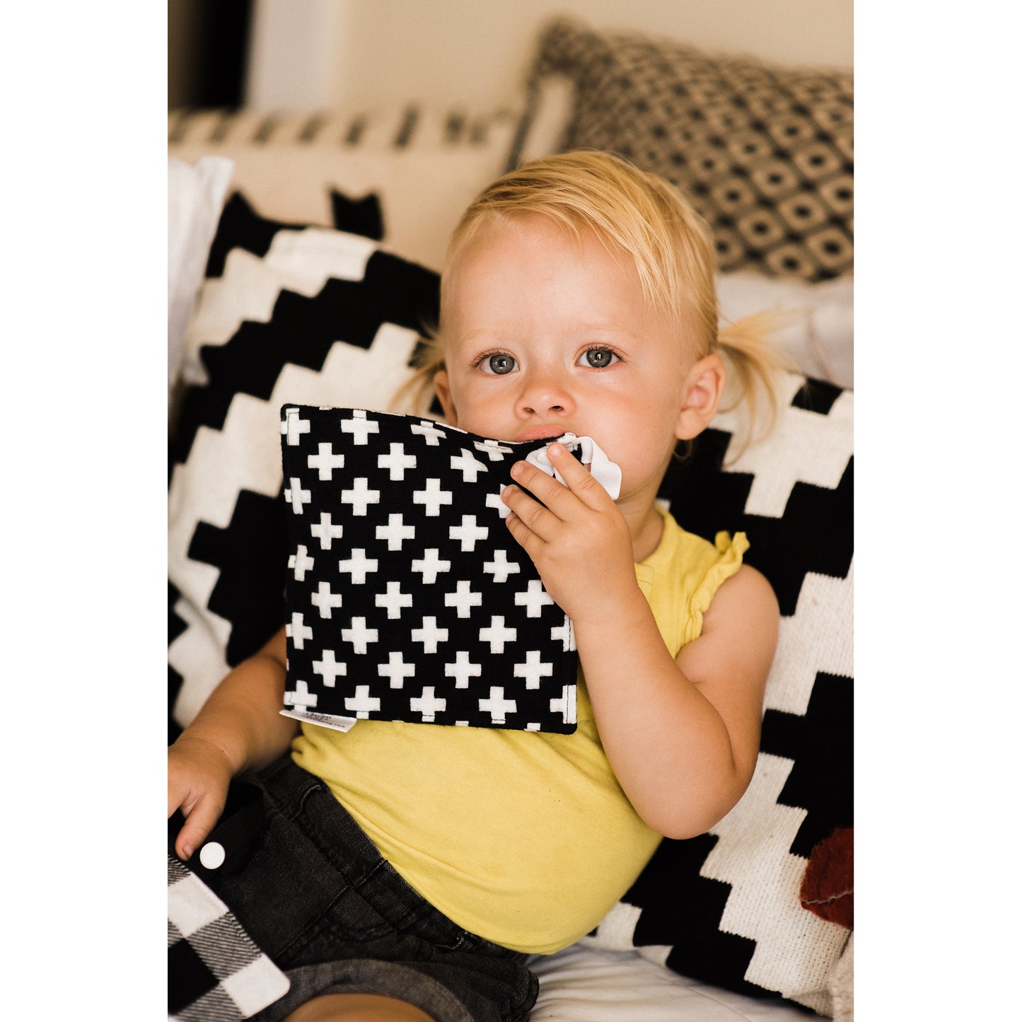Crinkle Paper Baby Toy with Strap – Swiss Cross Sensory Toy for Infant Development | HYAKDesigns