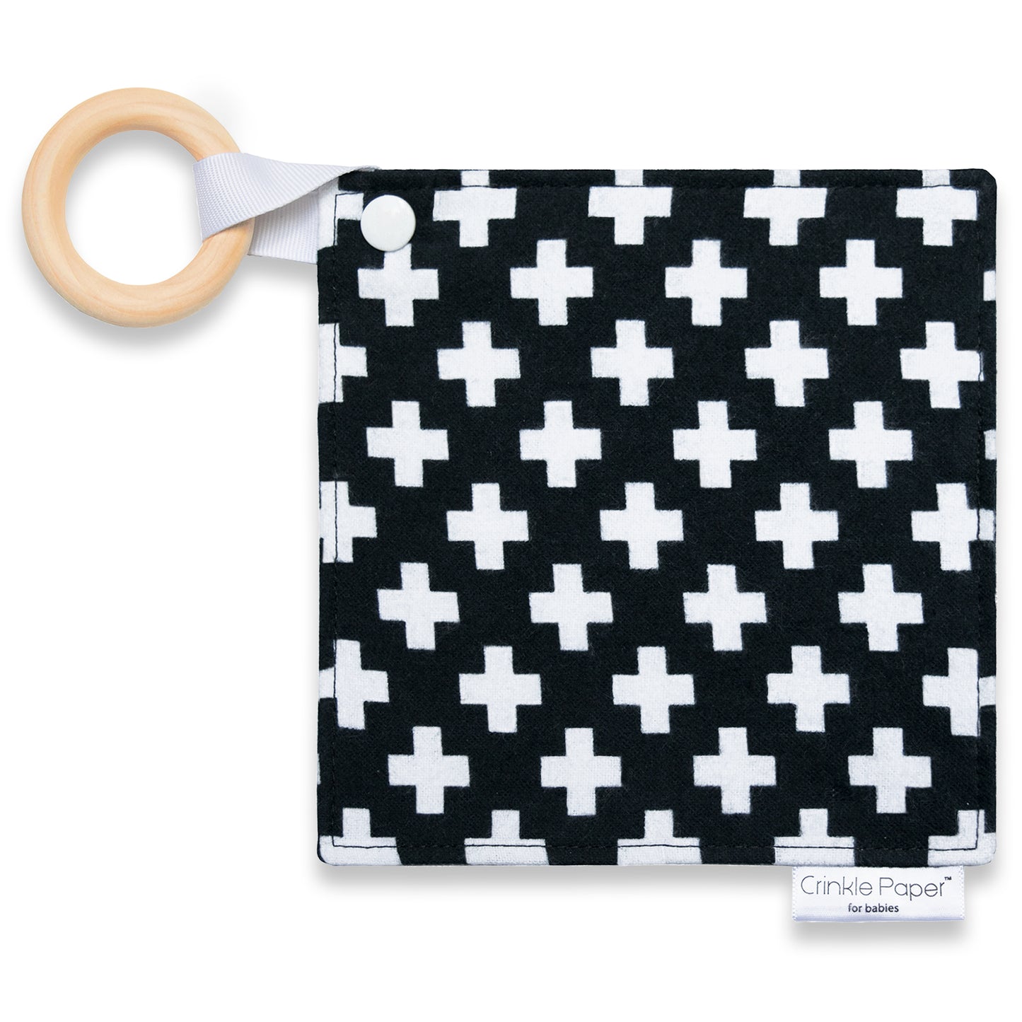 eco-friendly fabric crinkle sensory toy for babies with auditory sound and wood ring