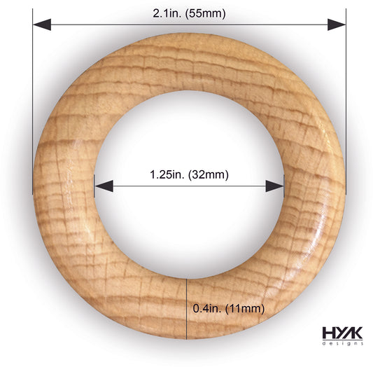 Natural 55mm beech wood ring for DIY baby toys and sensory crafts.